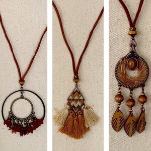 3 Necklace Set: Boho Tribal Feather Necklaces, Western Indian Cowgirl Style, NEW